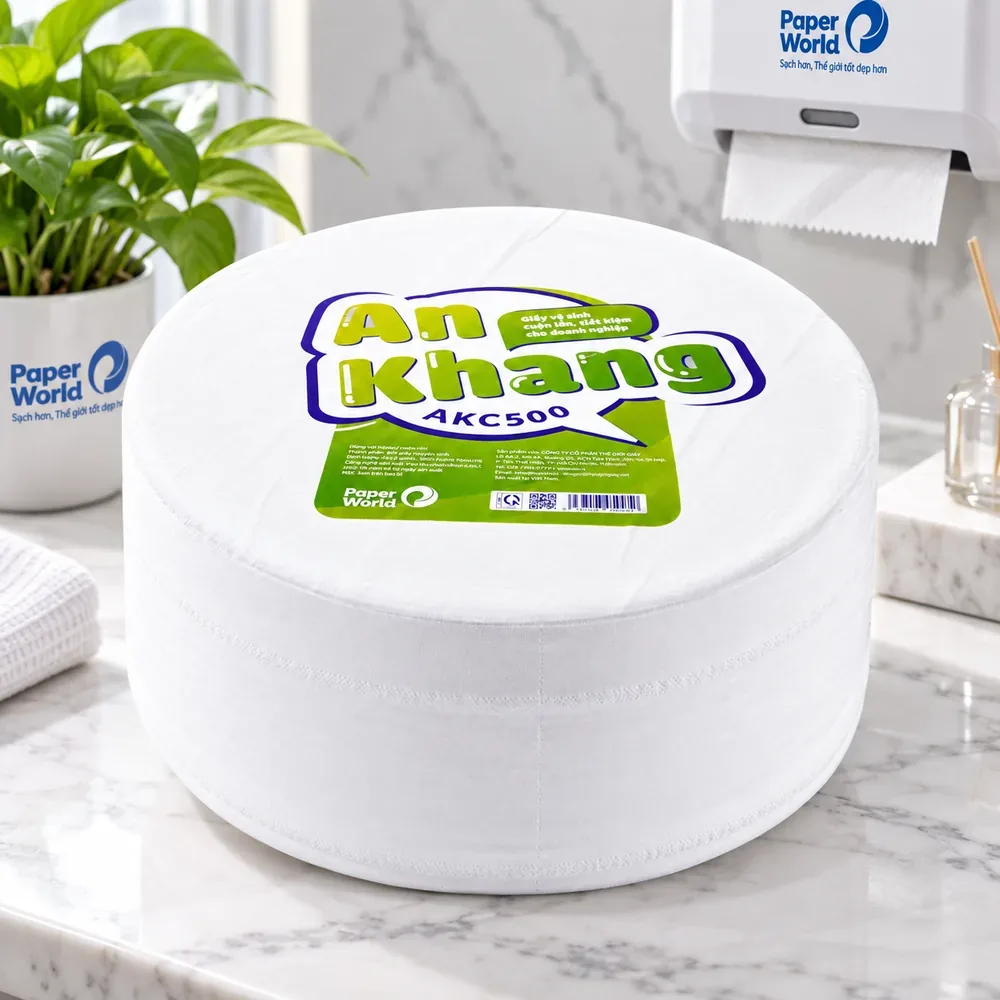 Giấy vệ sinh cuộn lớn An Khang Caro500 đặt cạnh hộp đựng